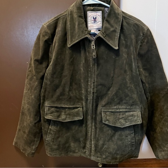 VTG Vintage Genuine Leather Jacket Olive Army Green Full Zip Pockets Coat M - Picture 6 of 10